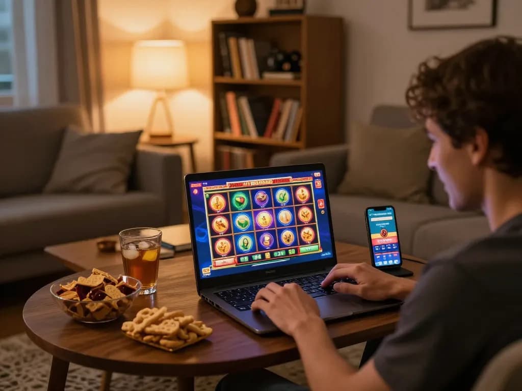 Excited player engaging with 789win slots on laptop at home with vibrant graphics and cozy atmosphere.
