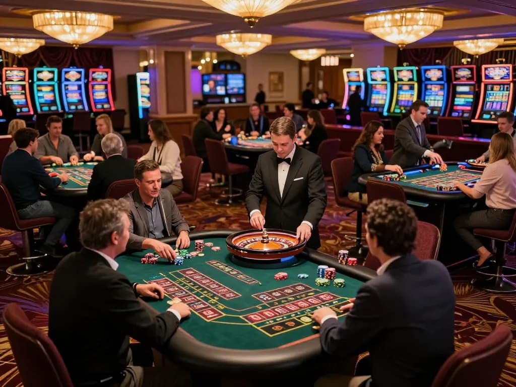 Các tín đồ LUCK8 đặt cược tại một bàn roulette sôi động trong một casino nhộn nhịp.