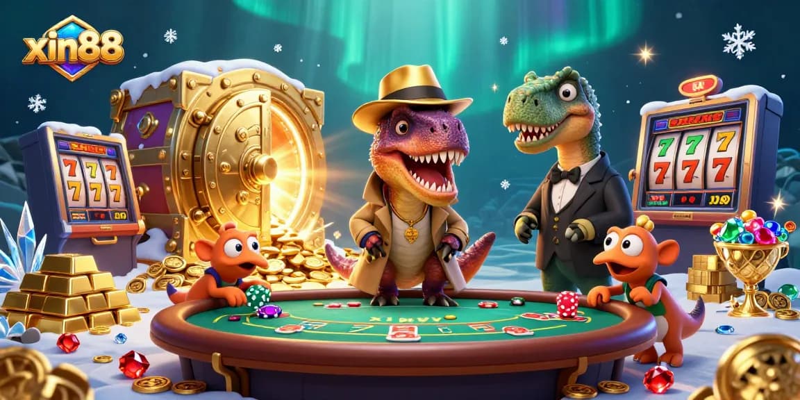 Experience an exciting game at xin88 with a velociraptor card counter and treasures around.