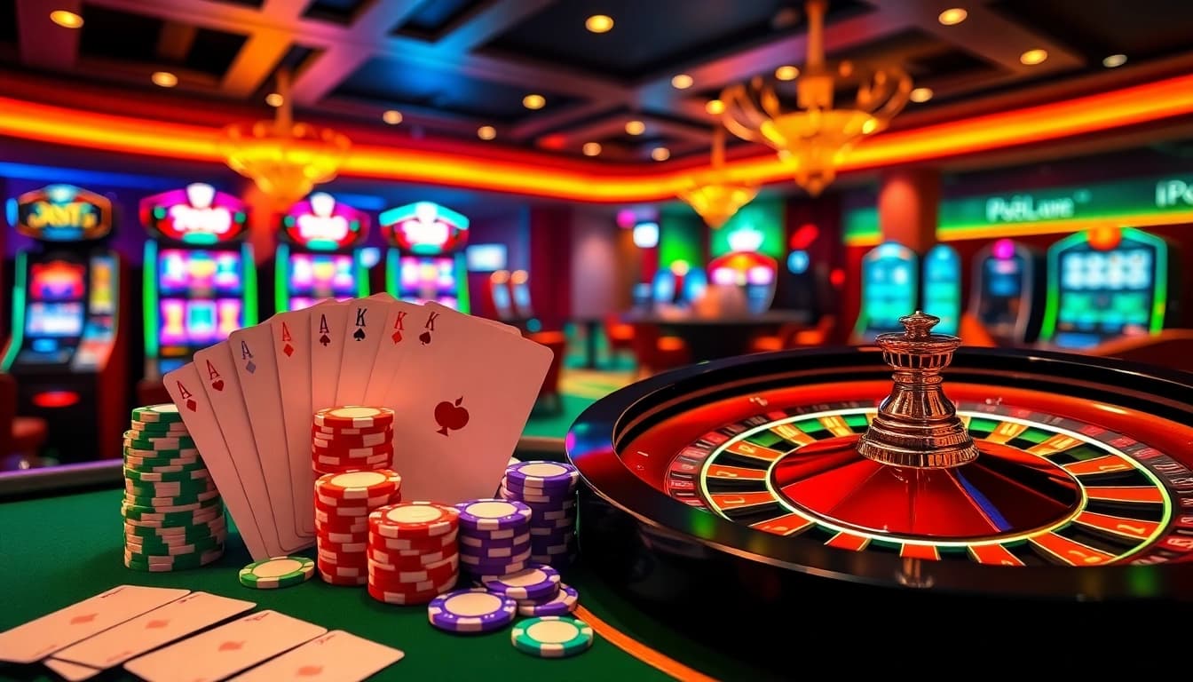 Players engage with captivating games at RR88, featuring poker chips and roulette in a vibrant casino atmosphere.