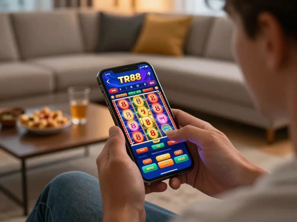 Engaging player using TR88 casino app on smartphone in a cozy living room setting.