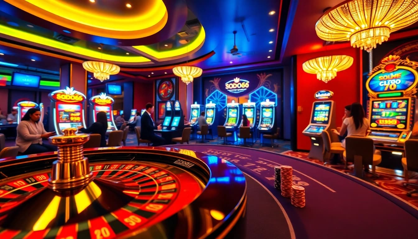 SODO66 players enjoying a vibrant online casino environment with roulette and slot machines.