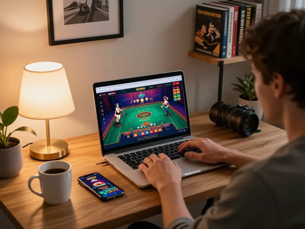 Kuwin player engaging in live dealer gaming at a stylish home desk, showcasing modern online gambling.