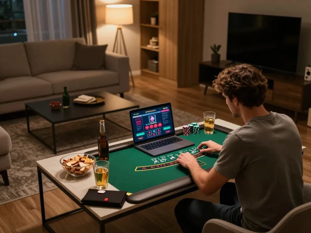Engaged player enjoying a live dealer blackjack game on fabet platform at home with modern setup.