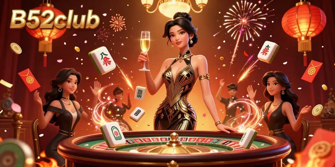 B52club features a glamorous Asian woman celebrating with mahjong tiles and festive elements in a luxurious casino setting.