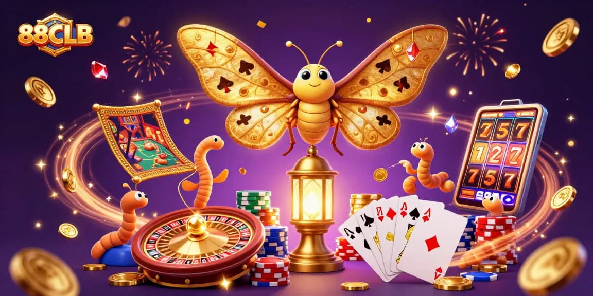 Experience the thrill at 88CLB with the stunning golden moth and vibrant casino elements.