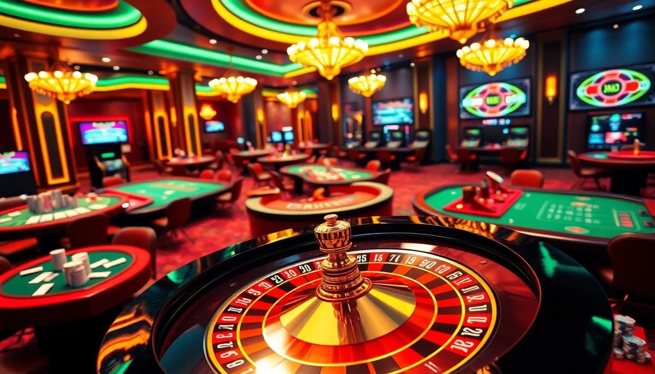A stunning casino scene showcasing the alo789 gambling interface with roulette wheels and poker games in action.