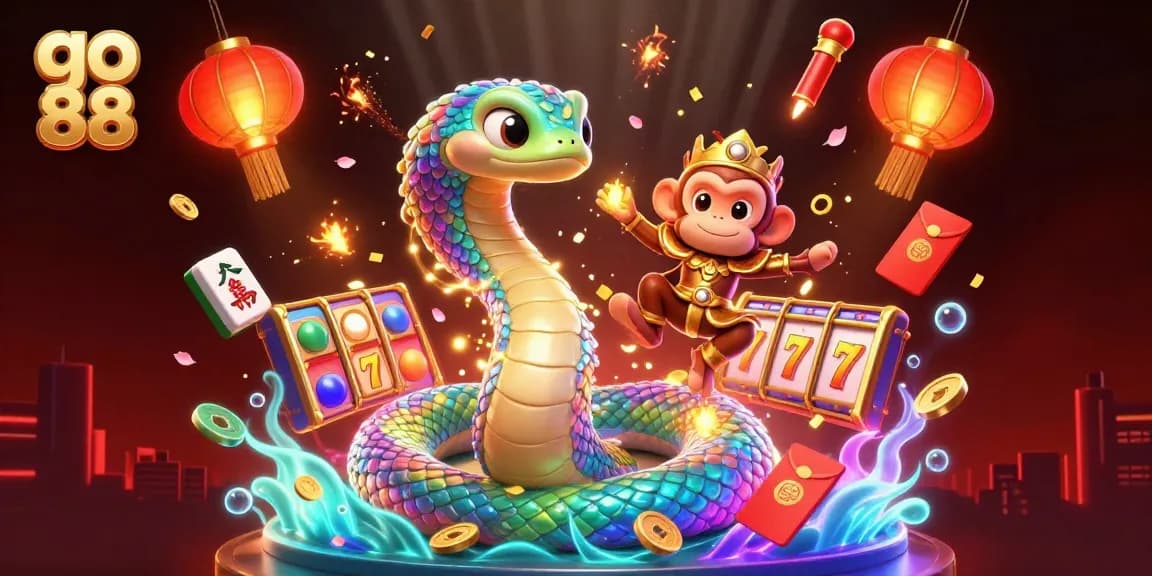 Experience the excitement of go 88 with a vibrant casino scene featuring a rainbow serpent, golden monkey king, and dynamic gaming elements.