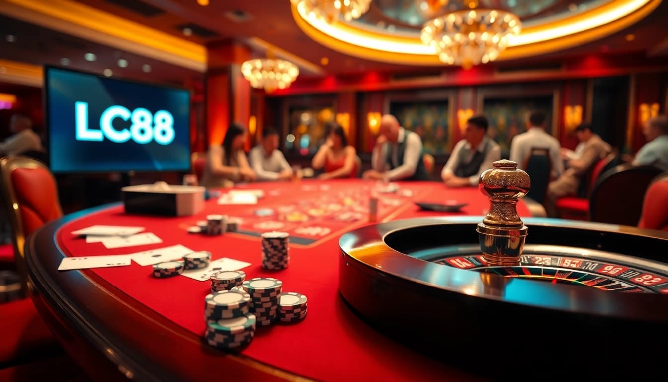Experience thrilling gameplay at LC88 casino with elegant poker and roulette tables.