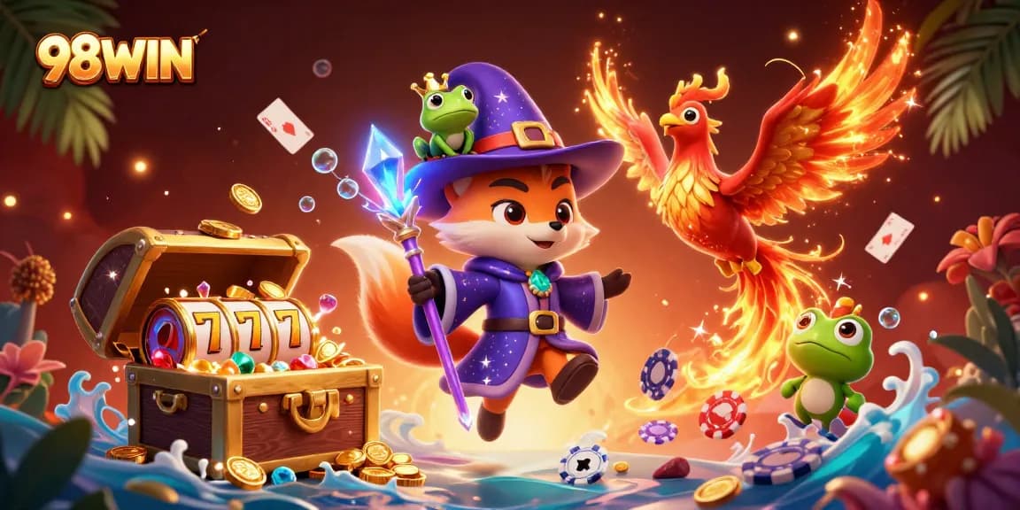 Engage with the vibrant 98WIN casino scene featuring mystical characters and enticing gaming elements for immersive gaming fun.