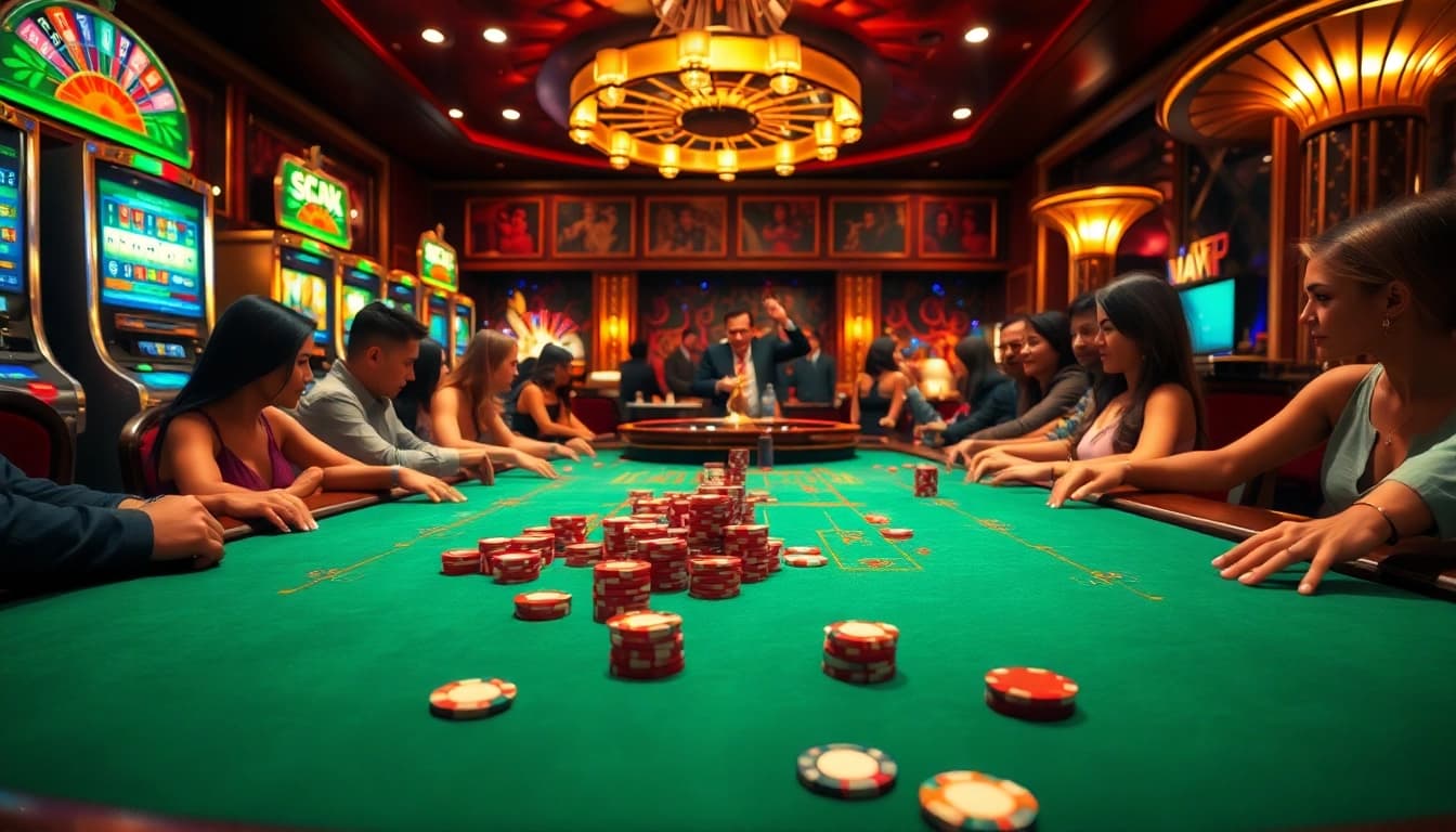 Players engaging in high-stakes poker with excitement at a casino showcasing SC88 features.