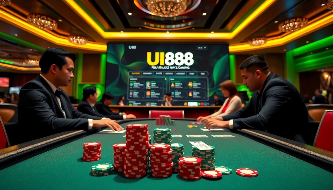 Experience the thrill of UU88 with vibrant poker chips and a sleek gambling interface.
