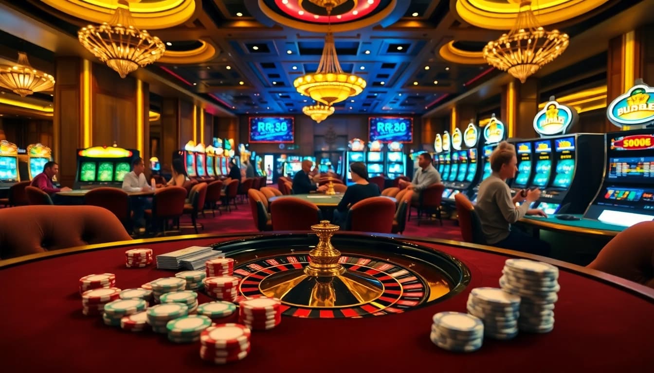 Experience the thrill of RR88 with vibrant casino visuals featuring tables and games.