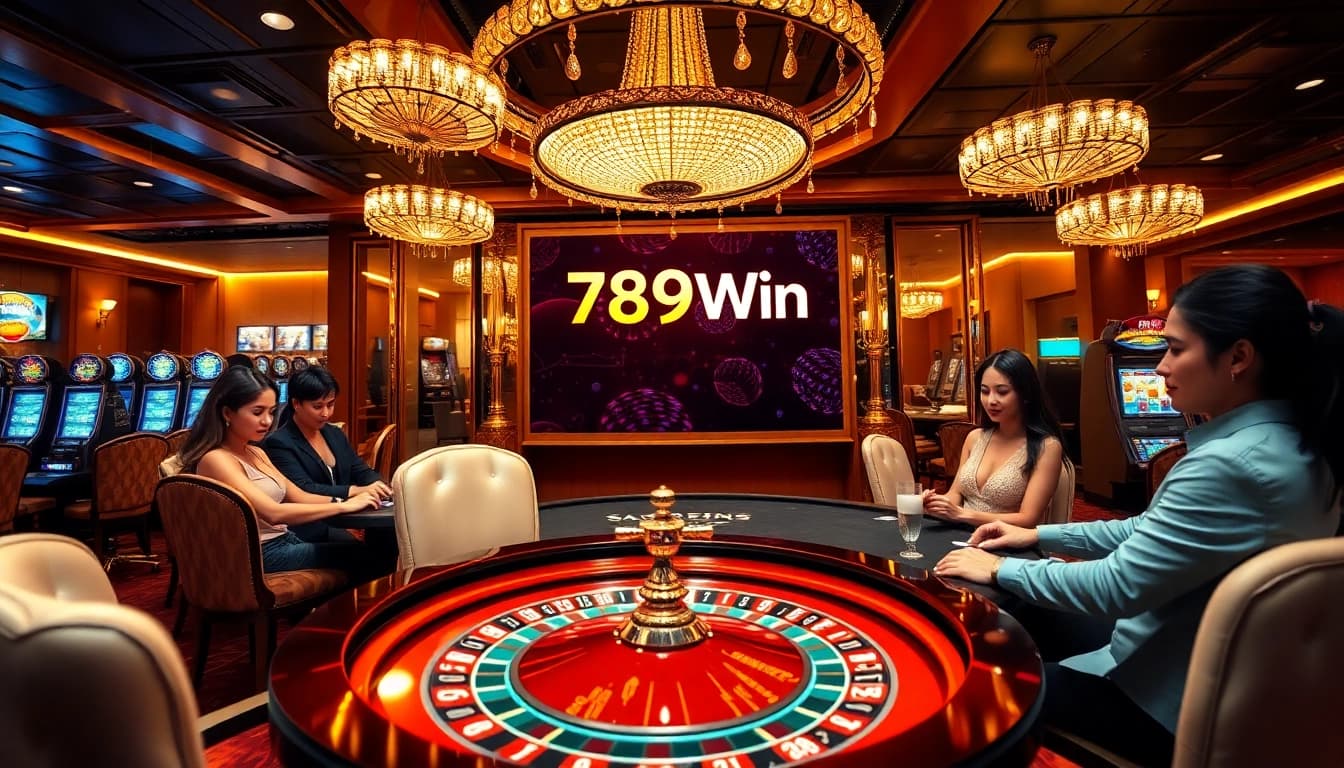Engage in thrilling games at 789Win's luxurious casino, featuring roulette and poker tables.