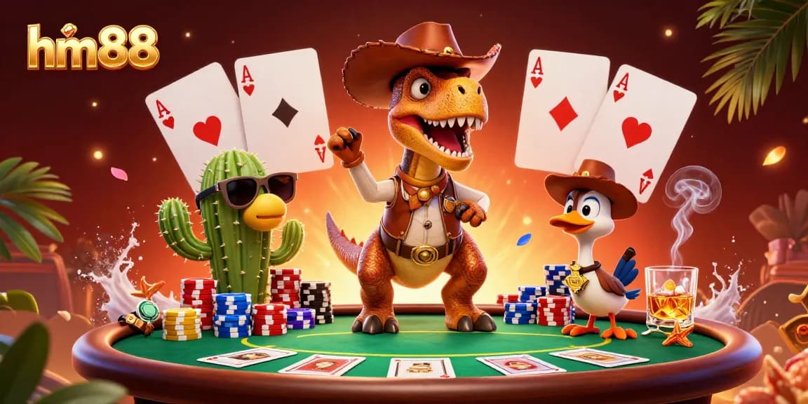 Experience exhilarating poker action with hm88 featuring a vibrant 3D T-Rex, poker items, and dynamic atmosphere.