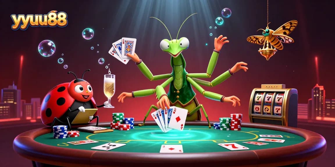 yyuu88 showcases a dynamic casino scene with a giant mantis card sharp and a ladybug pit boss managing thrilling poker games.