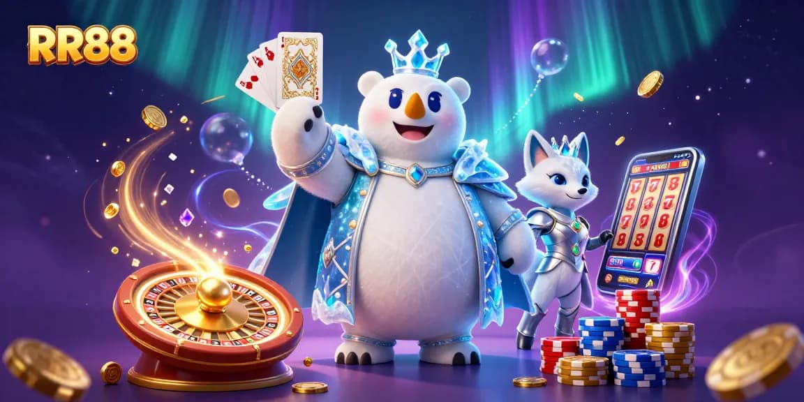 Experience RR88 with an exciting scene featuring the ice king polar bear and snow fox surrounded by casino elements.