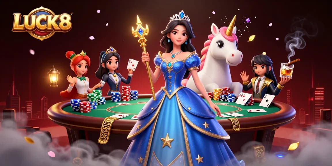 Experience the excitement of LUCK8 with enchanting figures in a vibrant casino setting.