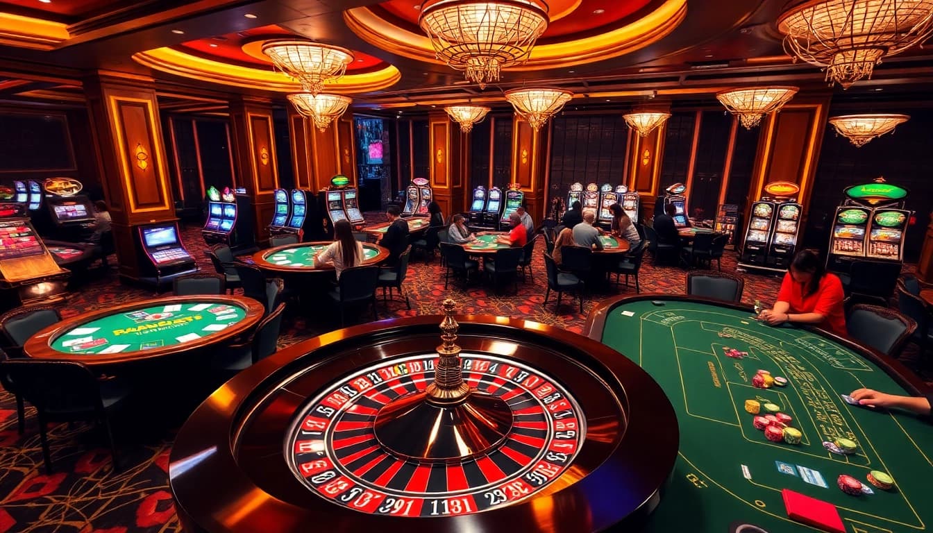 Players enjoying thrilling games at J88 casino, featuring roulette and poker tables filled with excitement.