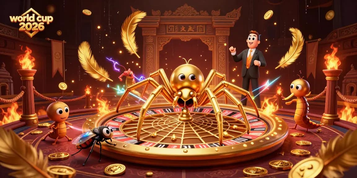 Engage in world cup 2026 betting action with a 3D casino scene featuring a golden spider and a croupier.
