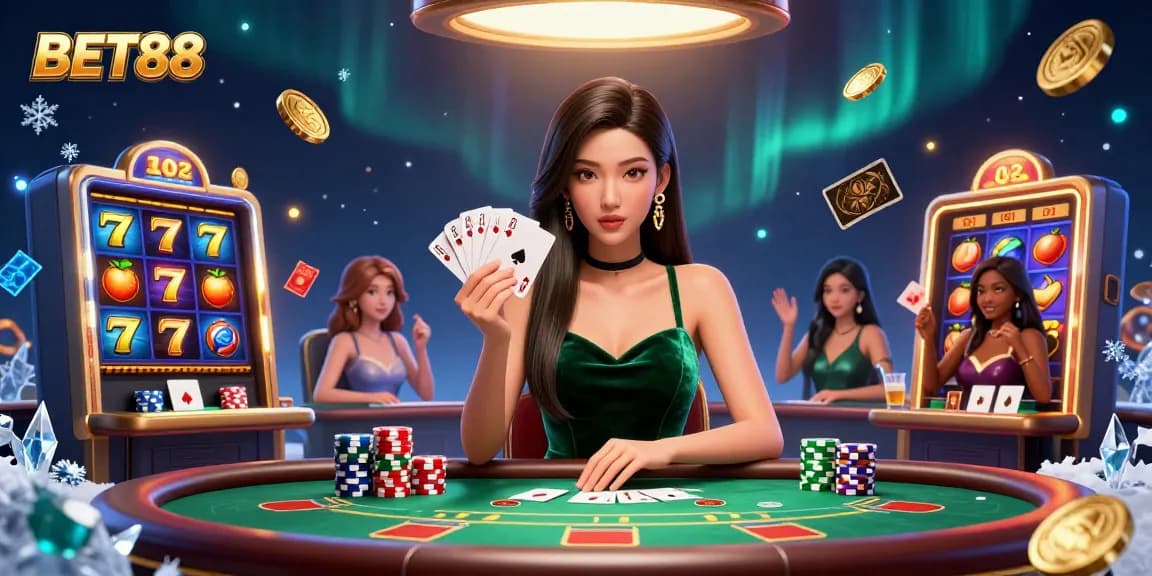 BET88 promotional illustration showcasing a stunning Asian woman at a vibrant poker table surrounded by casino elements.