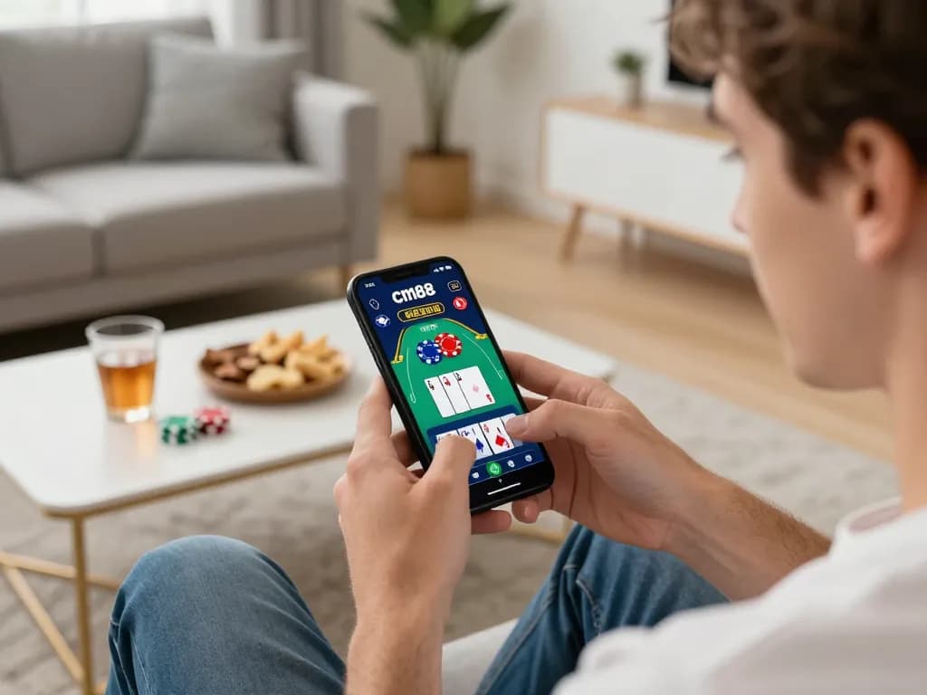 Engaging with the cm88 casino app on a smartphone during exciting mobile gambling.