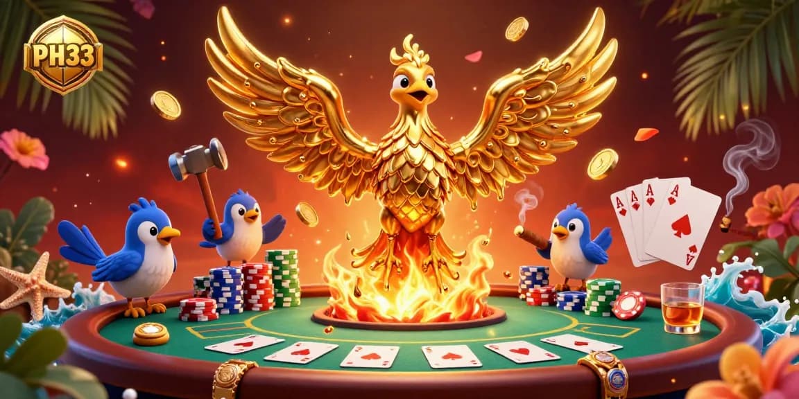 Experience thrilling moments at PH33 as molten gold phoenix and poker elements create a captivating casino atmosphere.