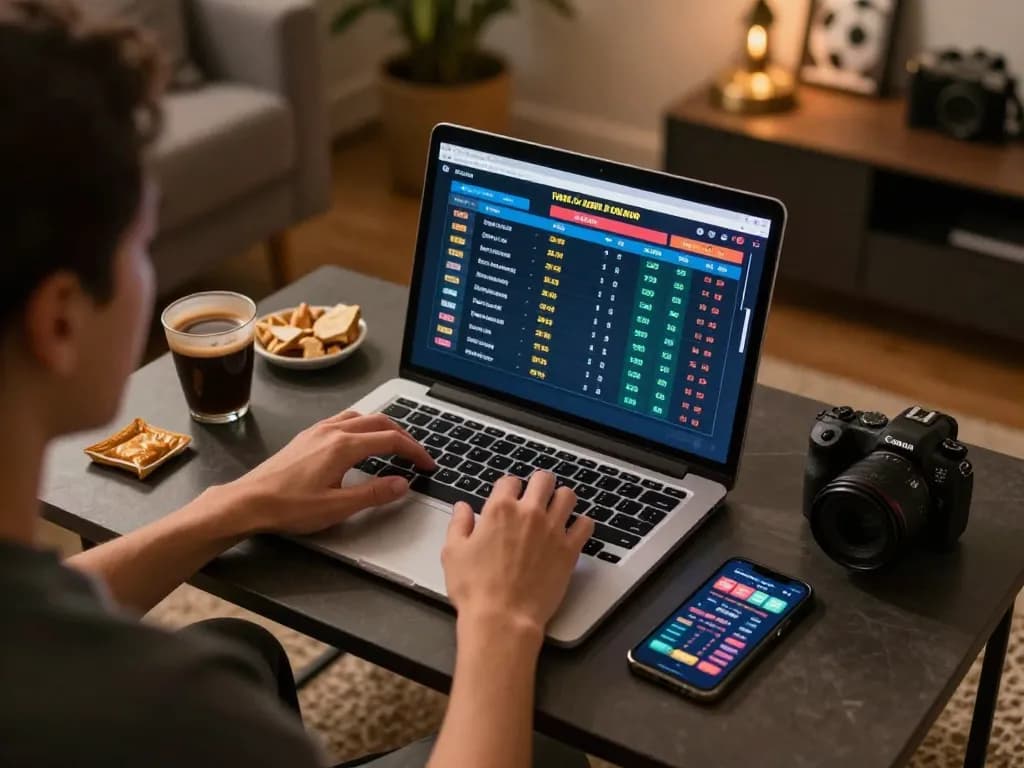 Person engaged in online sports betting with ko668 app on laptop, cozy home setting, dynamic gameplay atmosphere.