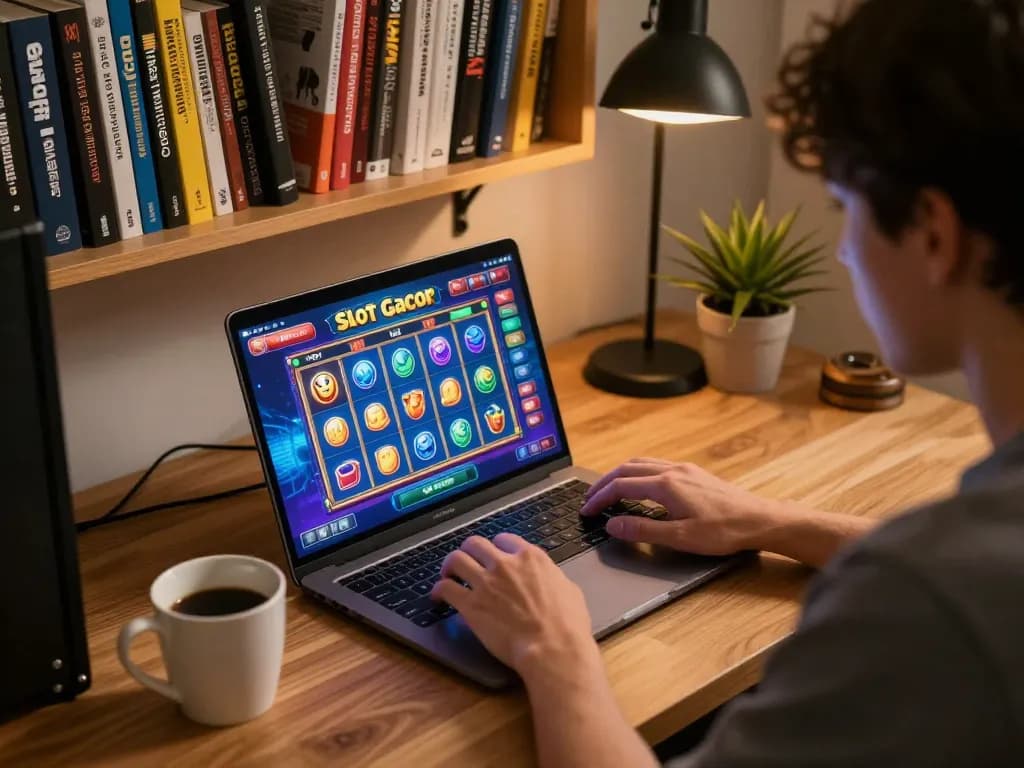 Engaged player enjoying Slot Gacor game on laptop in cozy home office.