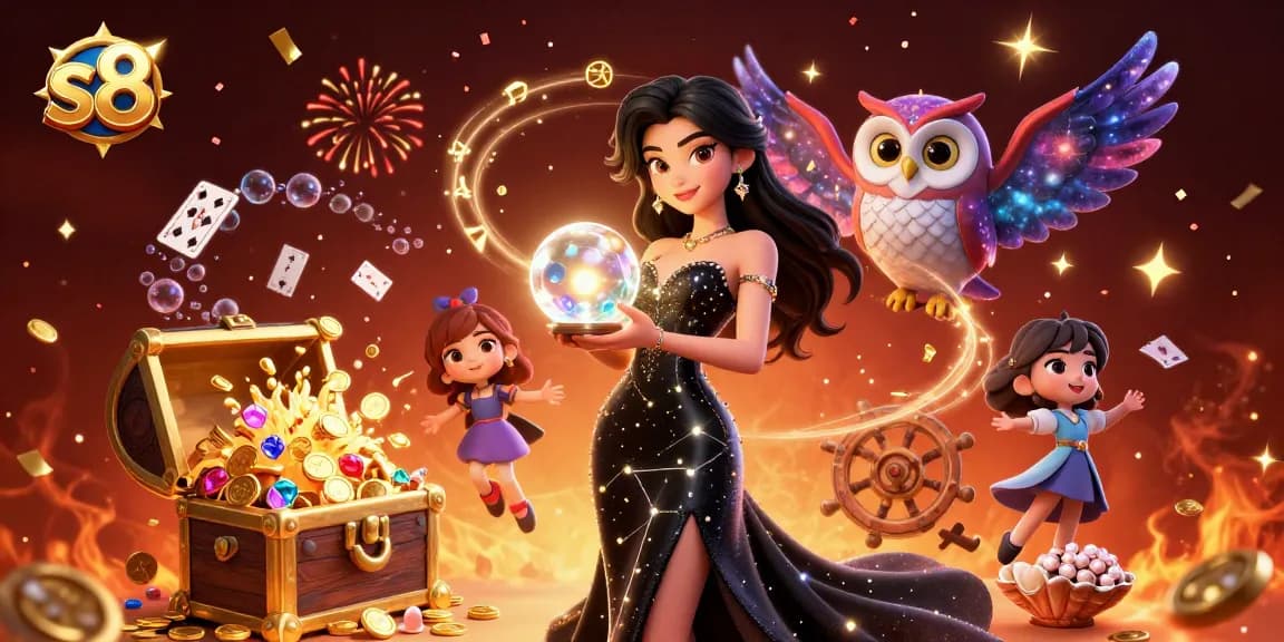 S8 offers thrilling gameplay experiences in a dazzling casino environment, showcasing a woman and mystical owl.