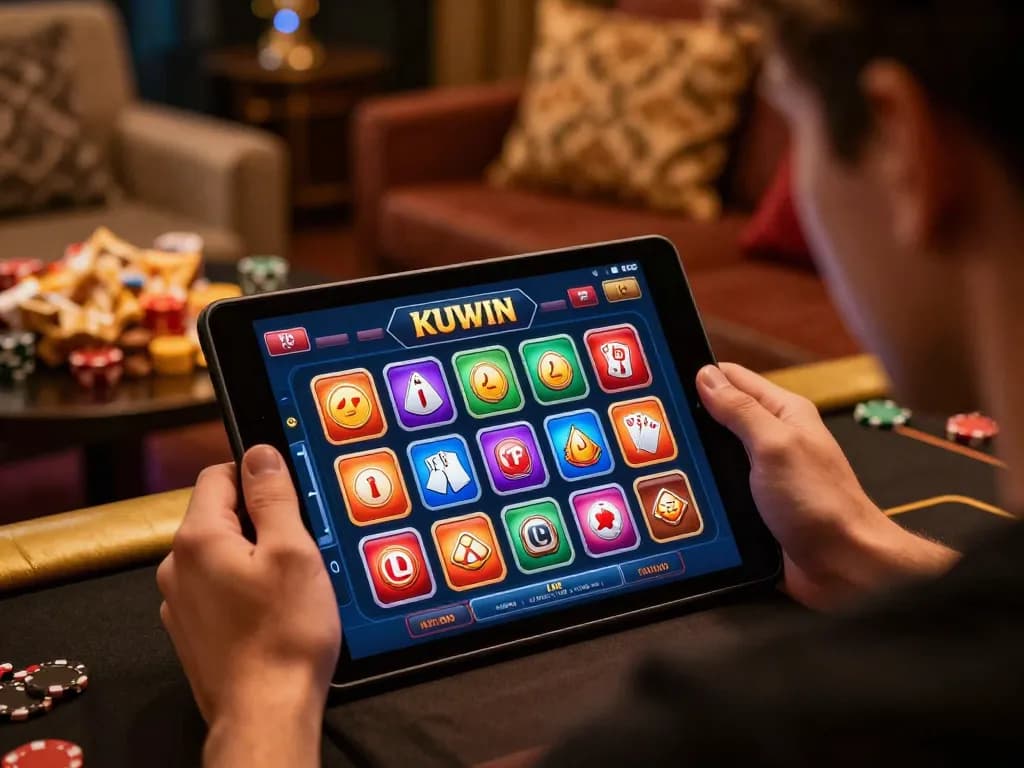 Kuwin player engaging in online casino gaming on tablet with vibrant interface and warm atmosphere.