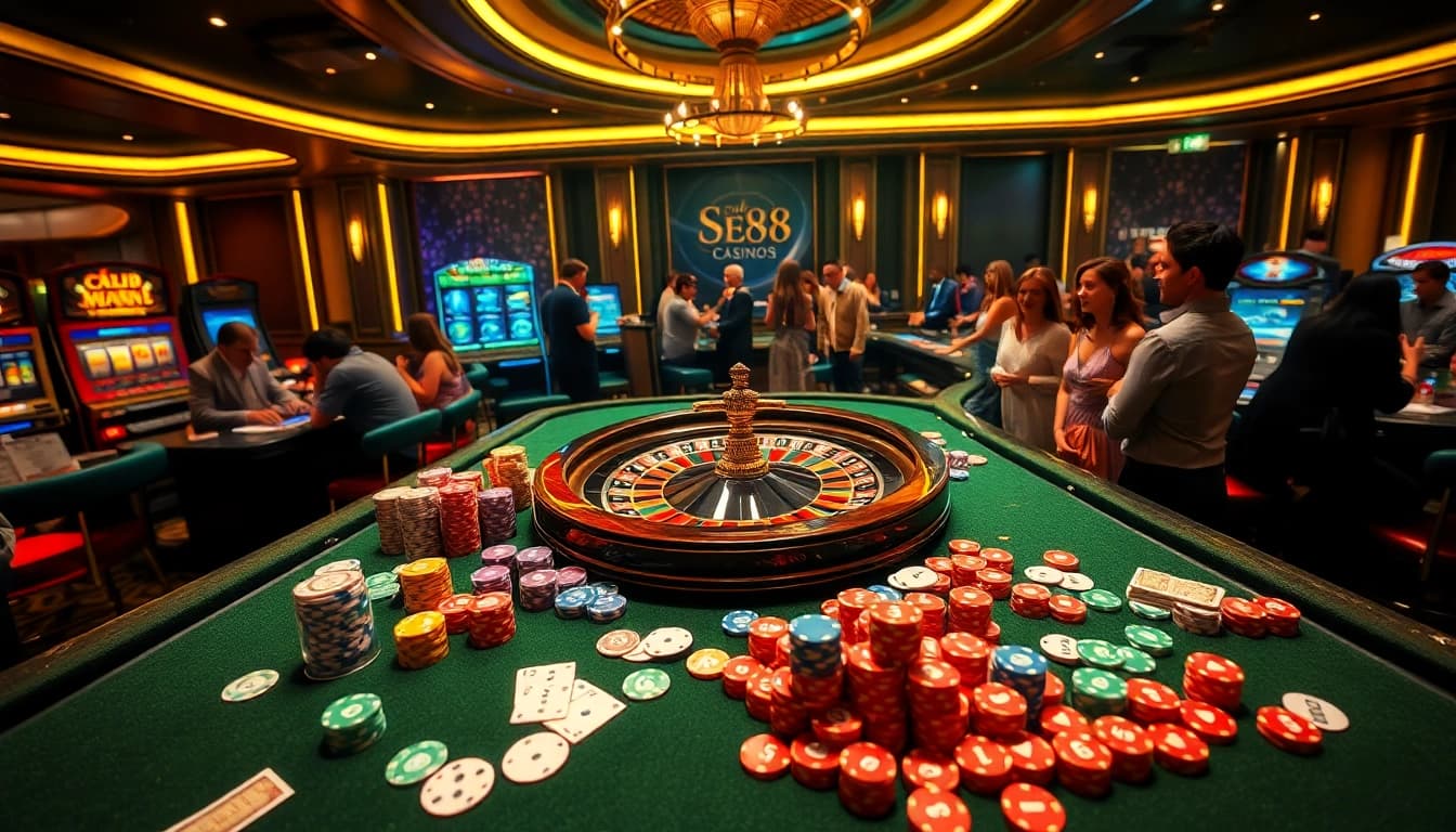 Experience the thrill of playing at ee88 casino with vibrant poker tables and exciting slot machines.