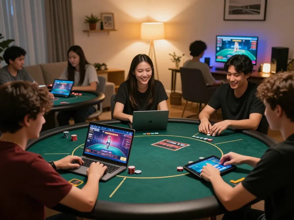 Players enjoying ALO8 VIP poker game together at home, showcasing strategic gameplay and social interaction