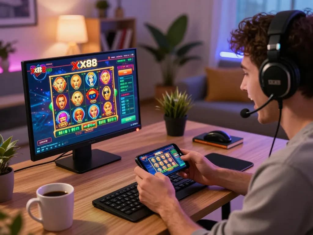 Player enjoying online gaming at home using the xx88 casino app on a smartphone.