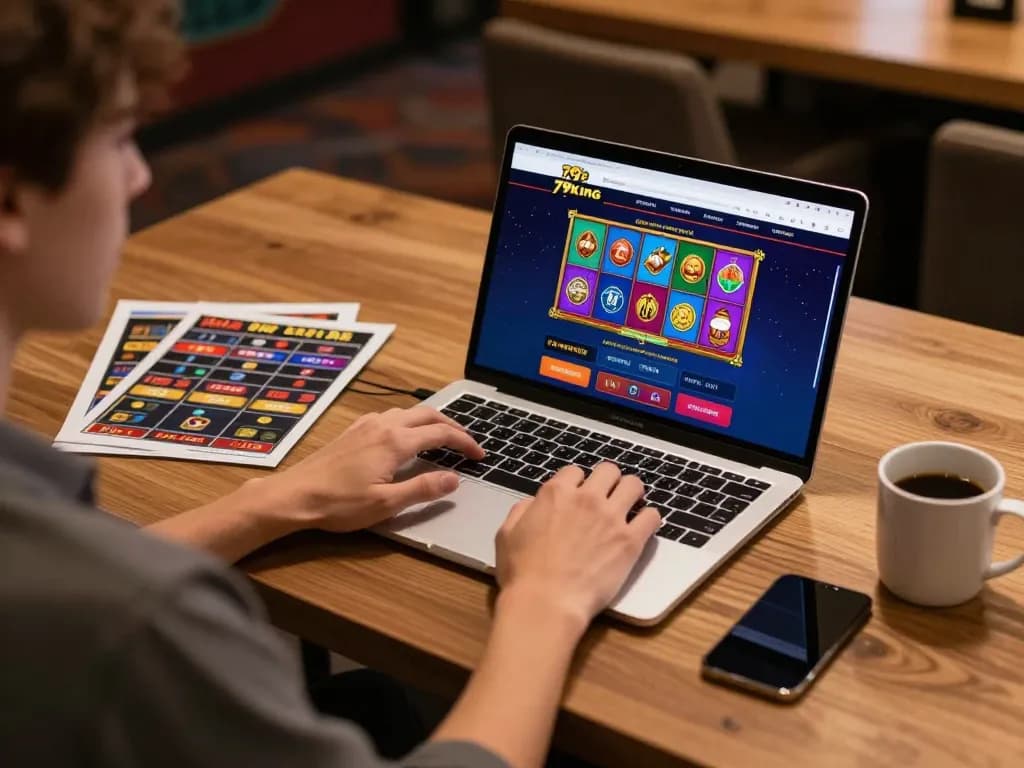 Playing online slots at nhà cái 79king with an engaging laptop interface at home