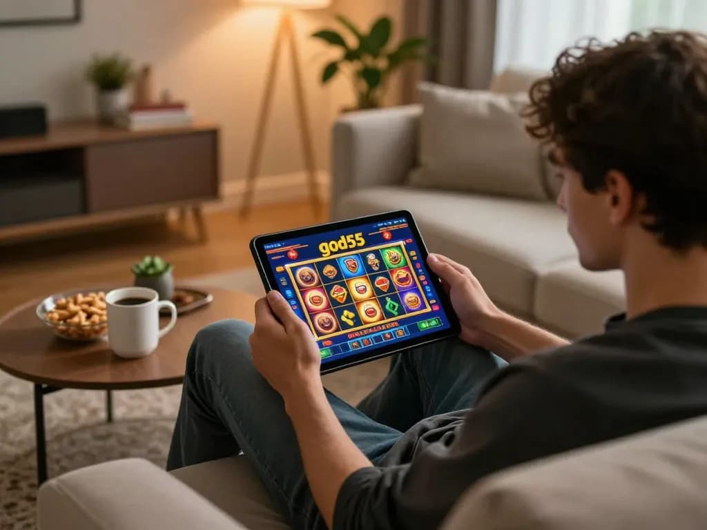 Player enjoying online gaming at home with god55 casino app displayed on tablet, capturing relaxed atmosphere.