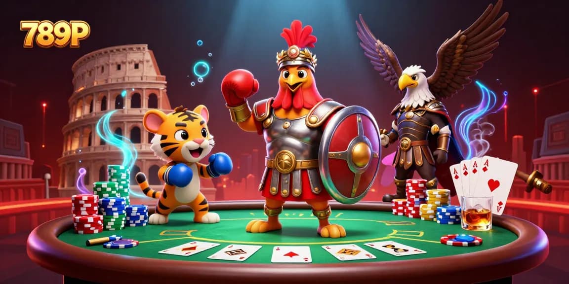 Experience the excitement of 789P with a gladiator rooster surrounded by poker elements.