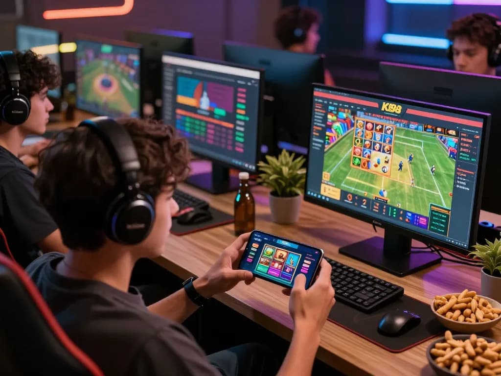 Engaging scene of diverse players interacting with nhà cái k88 on smartphones and desktops, highlighting vibrant gaming options.