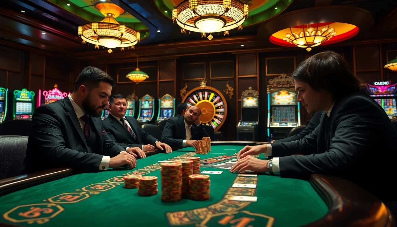 Engaged players at a poker table in a luxurious casino, referencing the hidden wiki tor for insights on gambling.