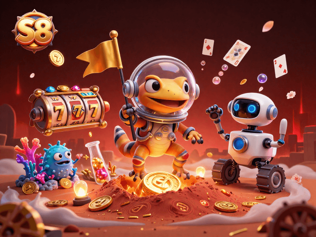Experience the S8 adventure as a Martian gecko spins slots in a vibrant casino scene on Mars.