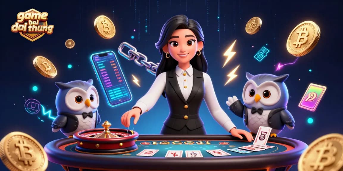 Experience game bai doi thuong with an elegant Asian dealer and enchanting owl assistant at a vibrant casino scene.