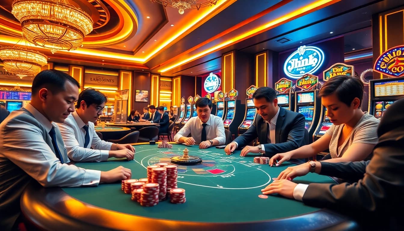 Players strategizing over a poker table at a casino, showcasing tỷ lệ nhà cái odds and betting dynamics.