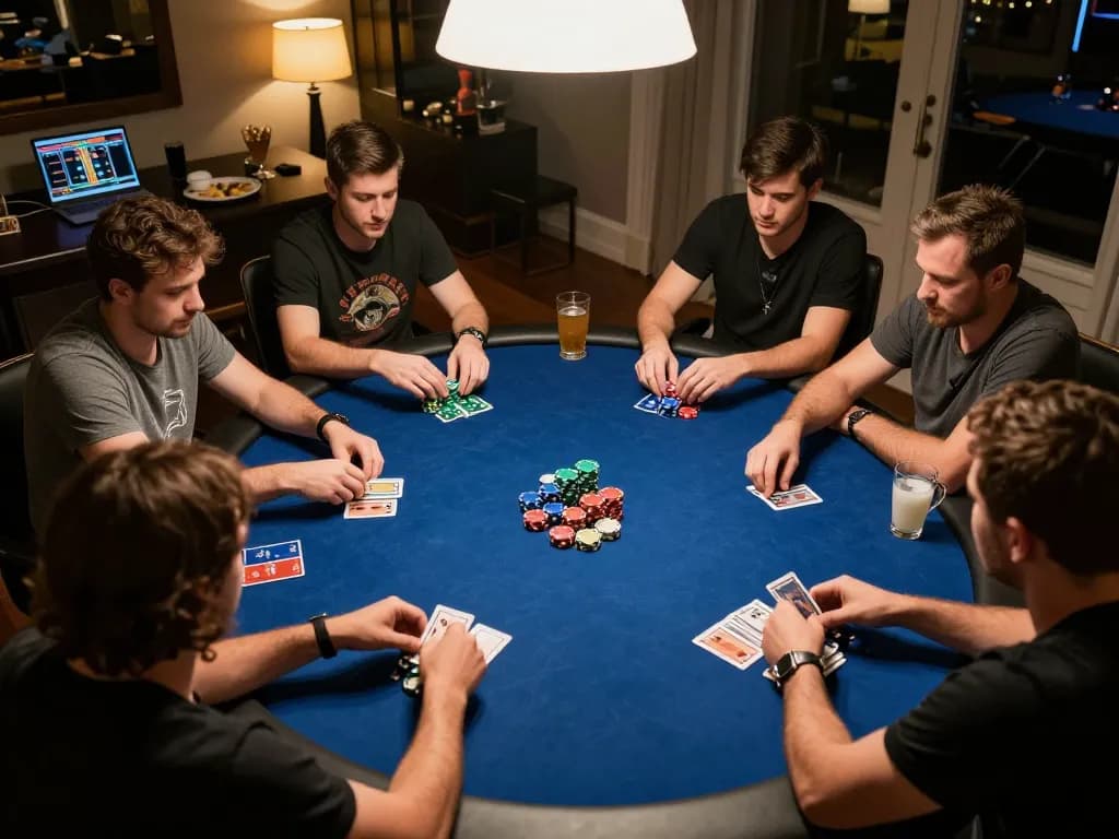 Players engaging in a thrilling poker night at home, strategizing with chips and cards, thabet themed.