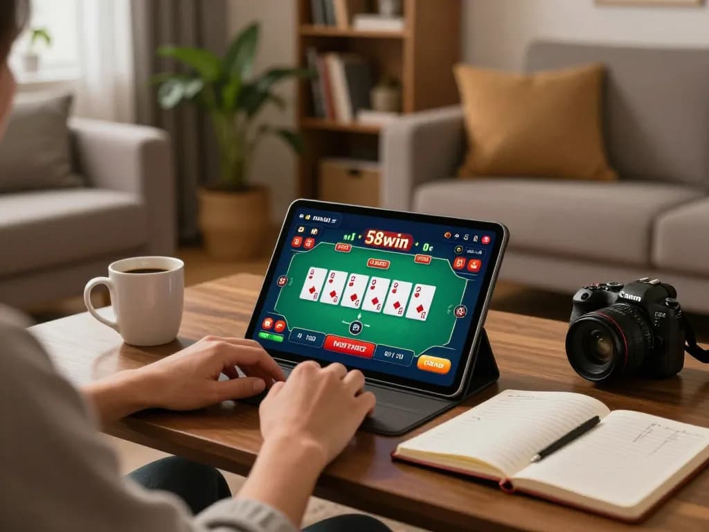 Engaging in online gameplay on the 58win app with strategy notes and cozy home setup.