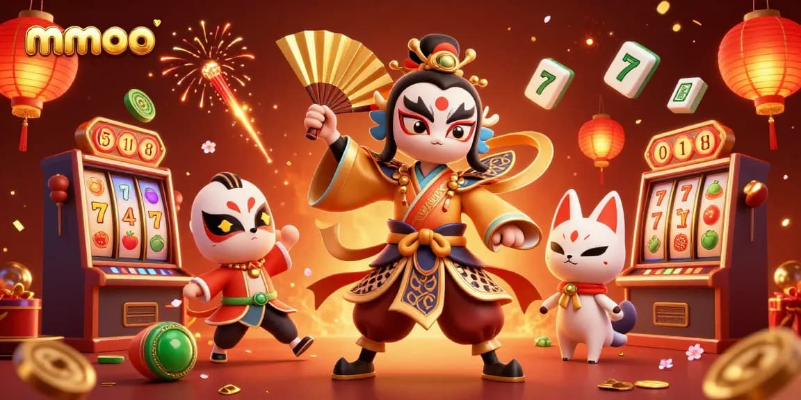 Mmoo offers a vibrant 3D casino scene featuring a kabuki warrior and lucky symbols, promoting engaging gaming.