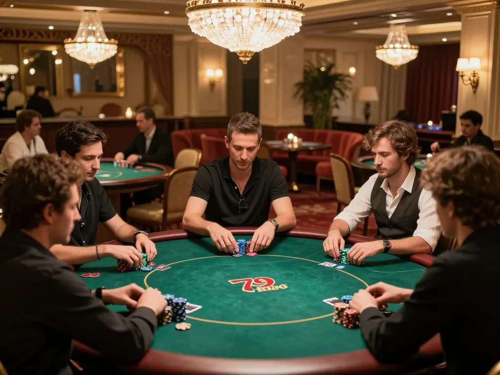 Experience high-stakes gameplay at 79king casino with players intensely engaged in poker.