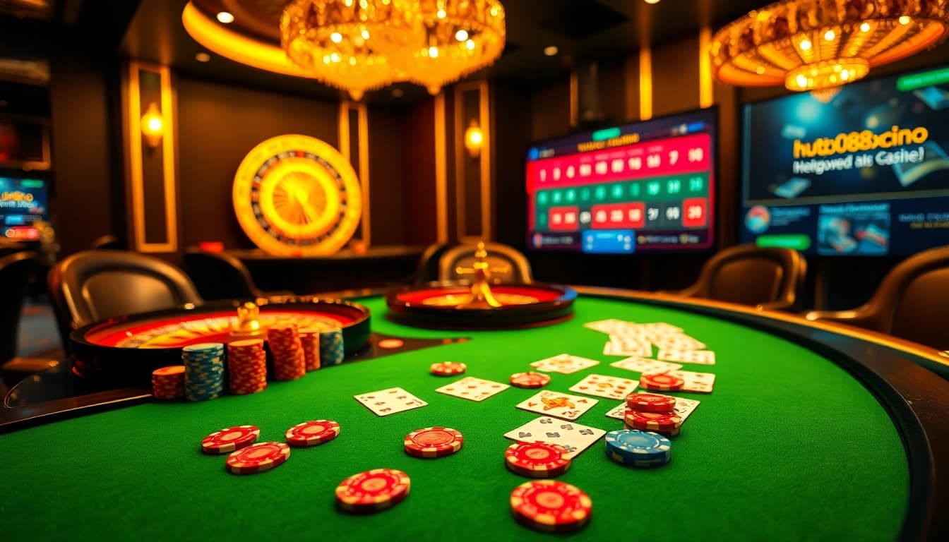 This image showcases a luxurious gambling scene from https://uu88xpj.com/, featuring a glamorous poker table illuminated in golden light with colorful chips.