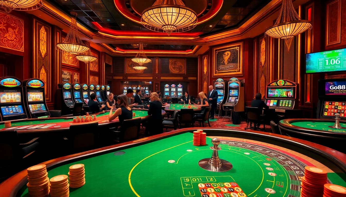 Engaging go88 casino scene with players at poker tables and vibrant slot machines.