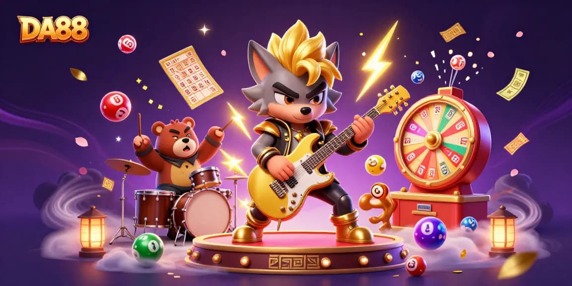 Experience the excitement of DA88 with a rock star wolf and drummer bear on a vibrant casino stage.