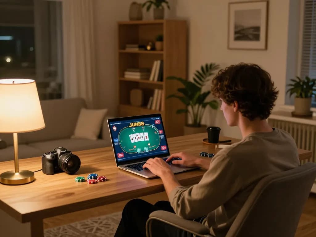 Person engaging in online gambling on JUN88 with laptop open, showcasing poker game.